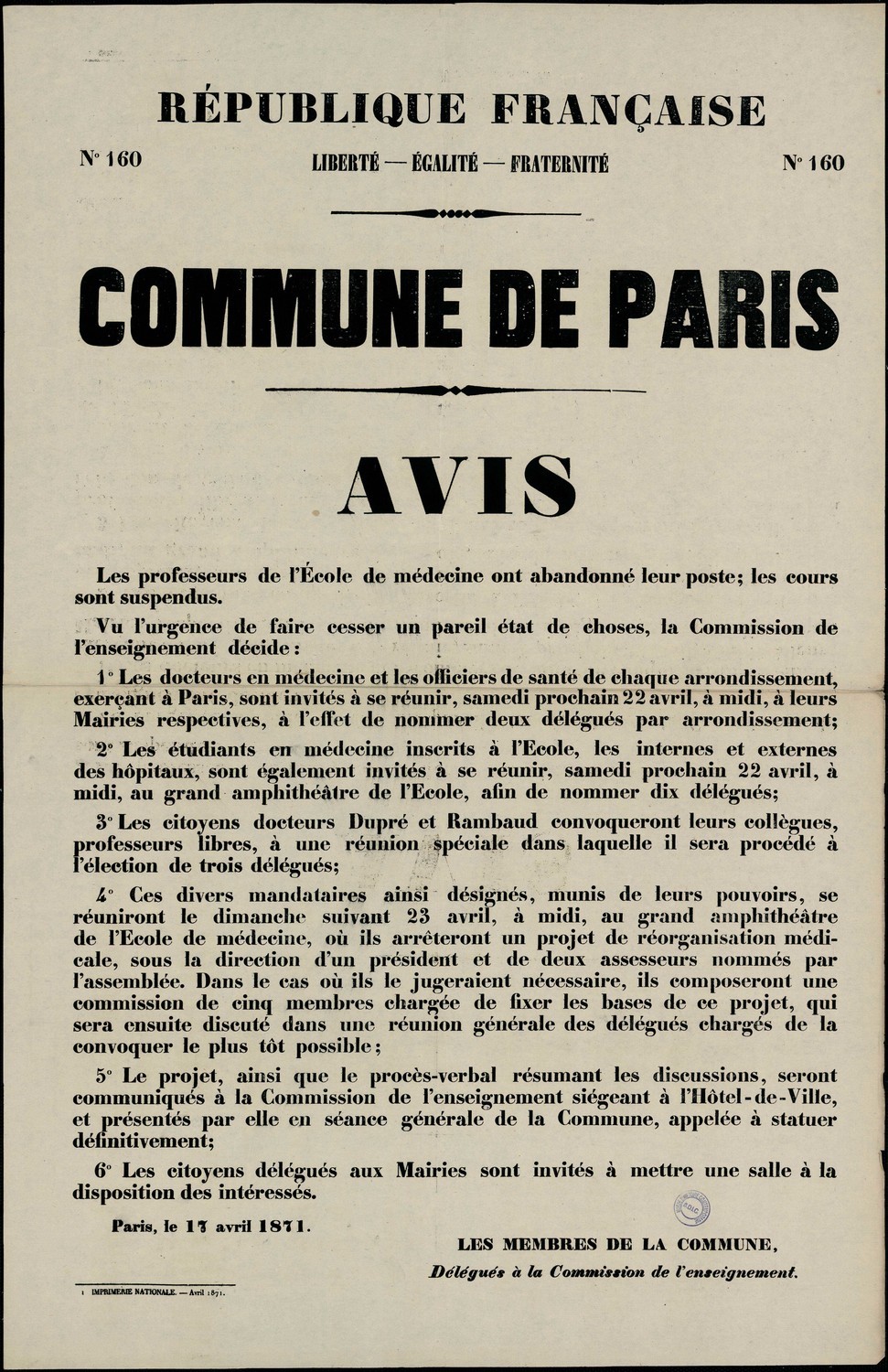 Une affiche de la Commune du 17 avril 1871 Affiche de la Commune de Paris N°160 du 17 avril 1871 - Avis de la Commune (source : La Contemporaine – Nanterre / argonnaute.parisnanterre.fr)
