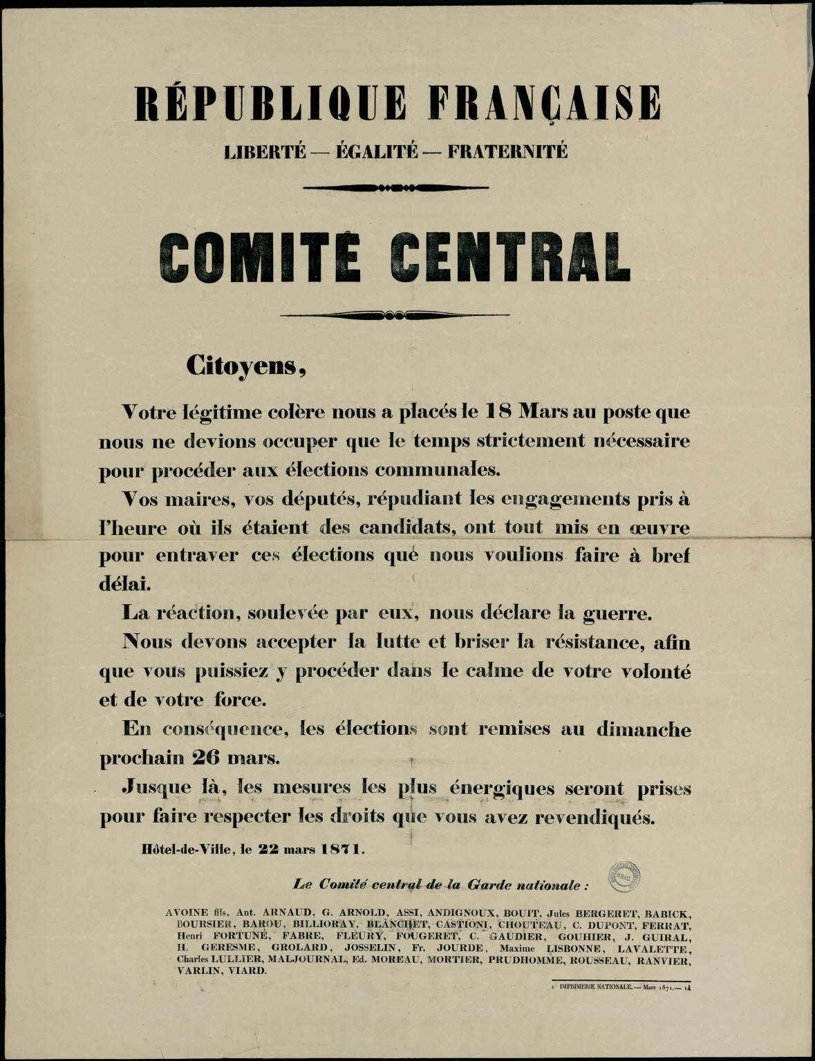 Affiche de la Commune du 22 mars 1871 – Le Comité central de la Garde nationale annonce « les élections sont remises au dimanche 26 mars » Affiche de la Commune du 22 mars 1871 – Le Comité central de la Garde nationale annonce « les élections sont remises au dimanche 26 mars »
