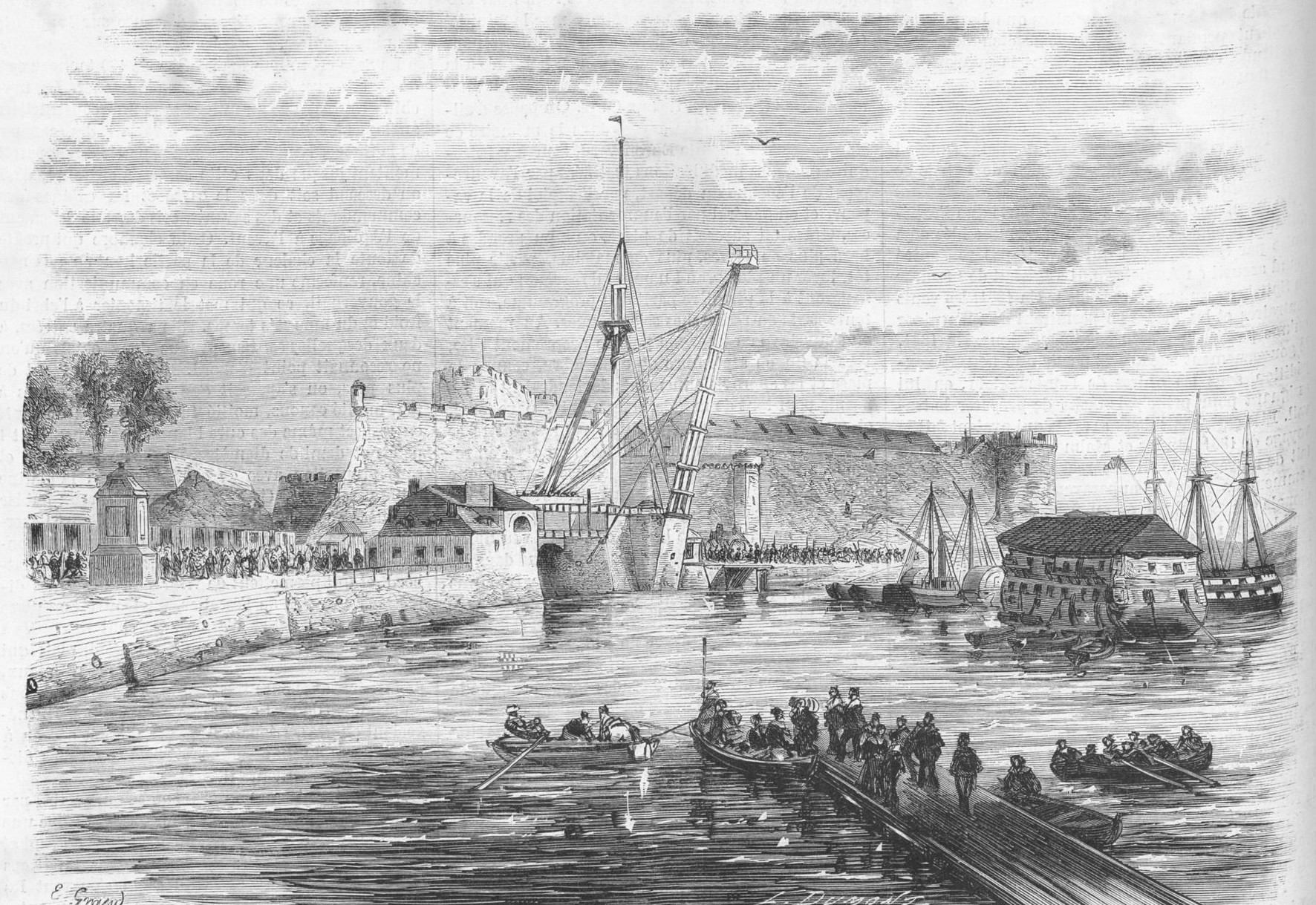 Embarquement des prisonniers à Brest Embarquement de prisonniers à Brest. Le Monde Illustré du 29 juillet 1871. Dessin de Grand.