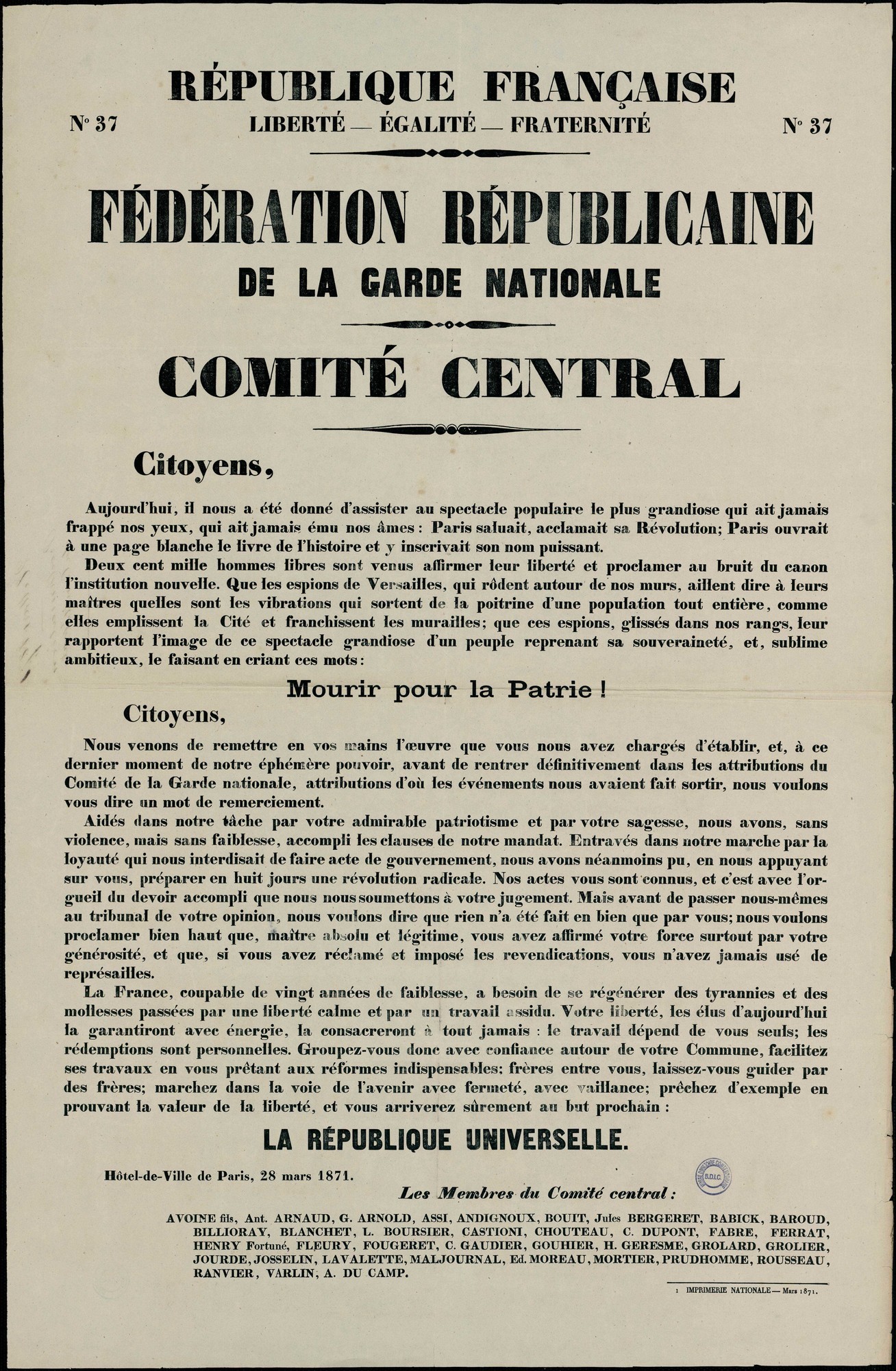 Affiche de la Commune de Paris N°37 du 28 mars 1871 - Comité central de la Fédération Républicaine de la Garde nationale aux citoyens (source : La Contemporaine – Nanterre / argonnaute.parisnanterre.fr)