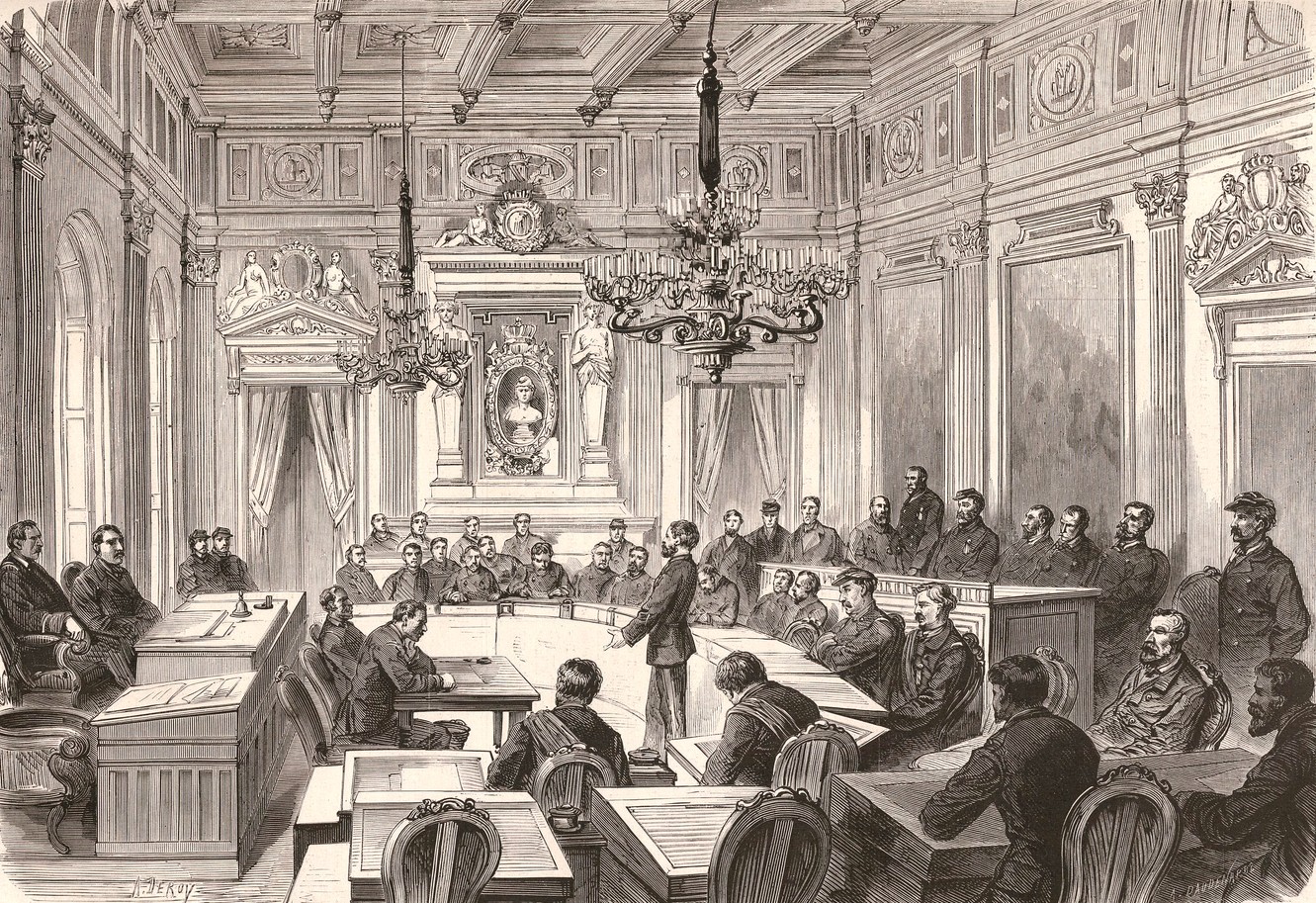 Une séance de la Commune de Paris dans la salle des Maires de l’Hôtel-de-Ville. - dessin de Deroy (Le Monde Illustré du 4 avril 1871) Une séance de la Commune de Paris dans la salle des Maires de l’Hôtel-de-Ville. - dessin de Deroy (Le Monde Illustré du 4 avril 1871)
