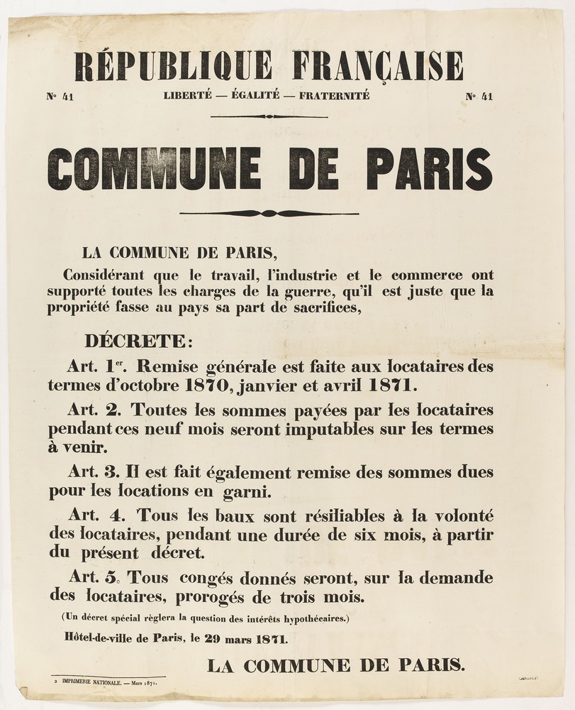 Affiche de la Commune de Paris N° 41 du 29 mars - Moratoire sur les loyers Affiche de la Commune de Paris N° 41 du 29 mars - Moratoire sur les loyers