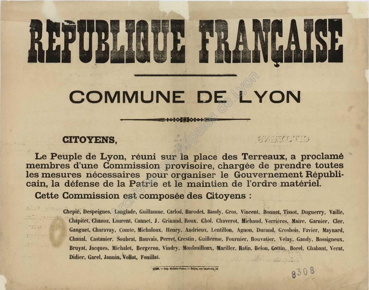 Affiche de la Commune de Lyon du 4 septembre 1870 Affiche de la Commune de Lyon du 4 septembre 1870