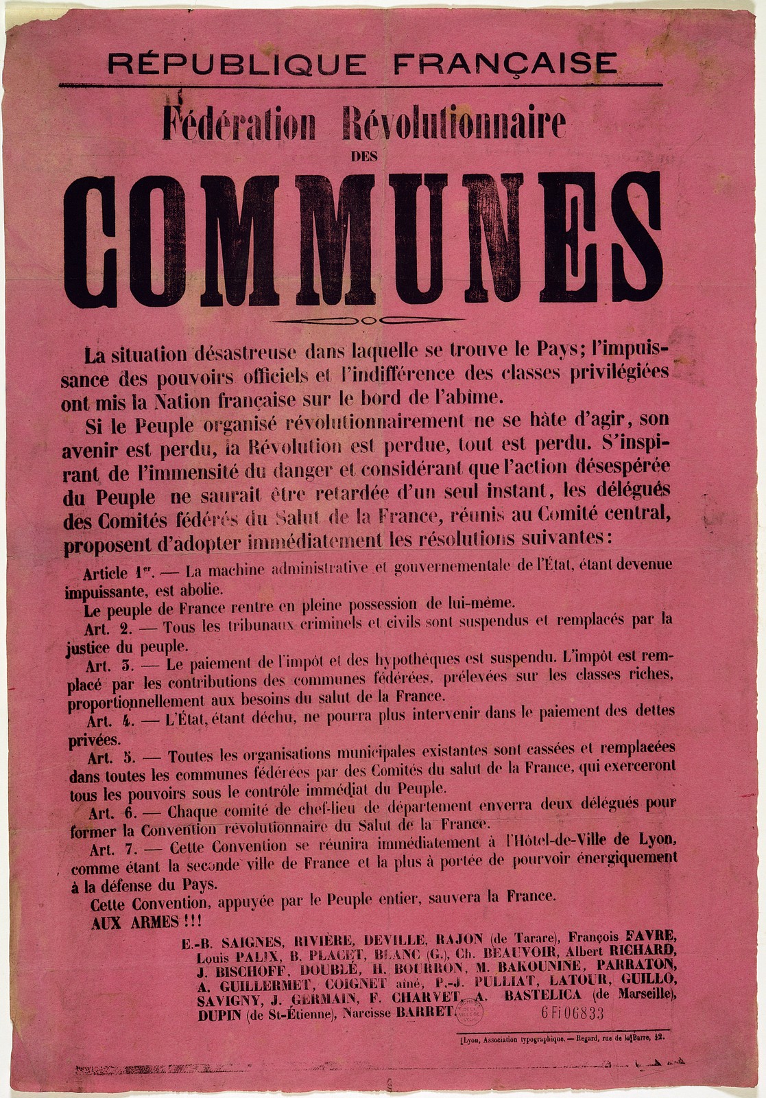 Affiche de la 1ère Commune de Lyon - 4 septembre 1870 (source - Archives minicipale de Lyon) Affiche de la 1ère Commune de Lyon - 4 septembre 1870 (source - Archives minicipale de Lyon)