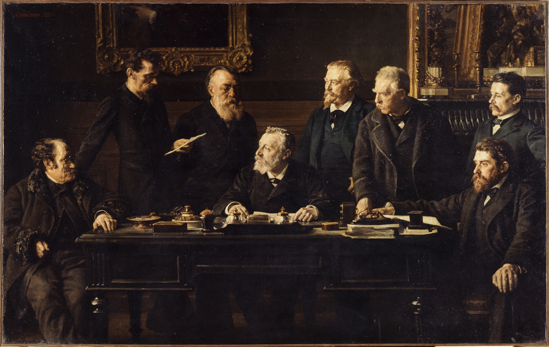 Le bureau du Conseil Municipal, en juillet 1883. Peinture de Félix Jobbe-Duval, Réunis autour du président Henri Mathé, assis au centre, de gauche à droite : Camille Dreyfus, secrétaire ; Gustave Mesureur, syndic ; Alphonse Darlot, vice-président ; Émile Level, secrétaire ; Félix Jobbé-Duval, vice-président ; Joseph Michelin, assis, secrétaire ; Charles Amouroux, secrétaire. (Musée Carnavalet, Histoire de Paris) Le bureau du Conseil Municipal, en juillet 1883. Peinture de Félix Jobbe-Duval, Réunis autour du président Henri Mathé, assis au centre, de gauche à droite : Camille Dreyfus, secrétaire ; Gustave Mesureur, syndic ; Alphonse Darlot, vice-président ; Émile Level, secrétaire ; Félix Jobbé-Duval, vice-président ; Joseph Michelin, assis, secrétaire ; Charles Amouroux, secrétaire. (Musée Carnavalet, Histoire de Paris)