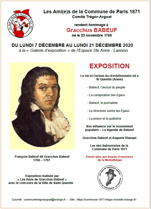 Affiche de l’exposition sur Graccus Babeuf organisée par les Amies et Amis de la Commune de Paris 1871 - Comité Trégor-Argoat. Affiche de l’exposition sur Graccus Babeuf organisée par les Amies et Amis de la Commune de Paris 1871 - Comité Trégor-Argoat.
