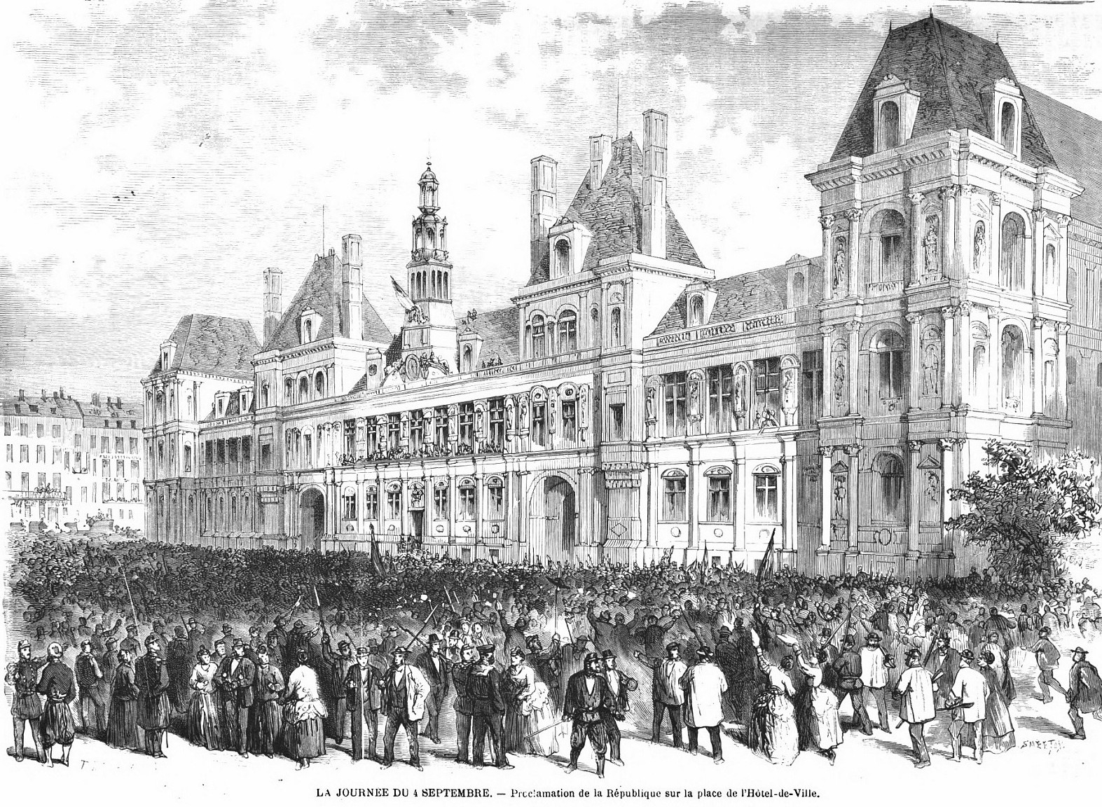 Proclamation de la République, le 4 septembre 1870, sur la place de l'Hôtel de Ville de Paris (source : L'Univers Illustré du 10 septembre 1870)