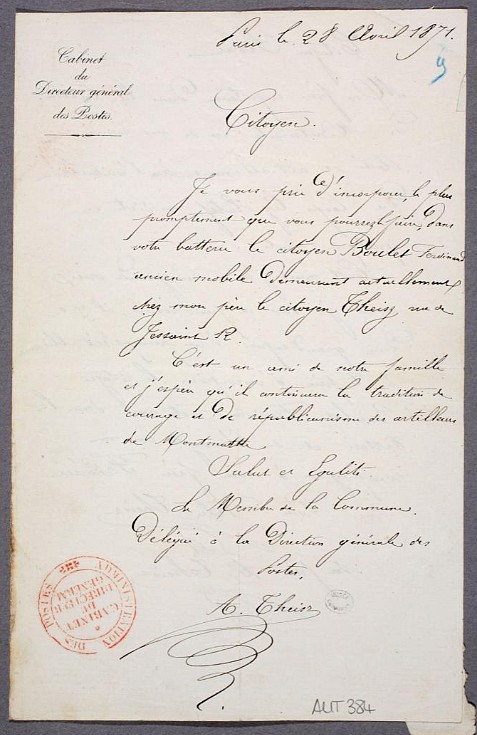 Lettre d’Albert Theisz concernant le citoyen Ferdinand Boulet, 28 avril 1871 (source : © Musée Carnavalet – Histoire de Paris) Lettre d’Albert Theisz concernant le citoyen Ferdinand Boulet, 28 avril 1871 (source : © Musée Carnavalet – Histoire de Paris)