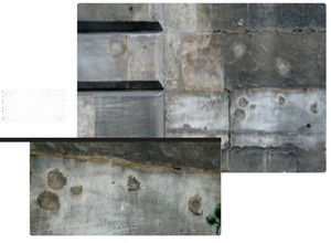 Impacts de balles sur le chevet de Notre-Dame-de-Lorette avec une vue agrandie. Impacts de balles sur le chevet de Notre-Dame-de-Lorette avec une vue agrandie.