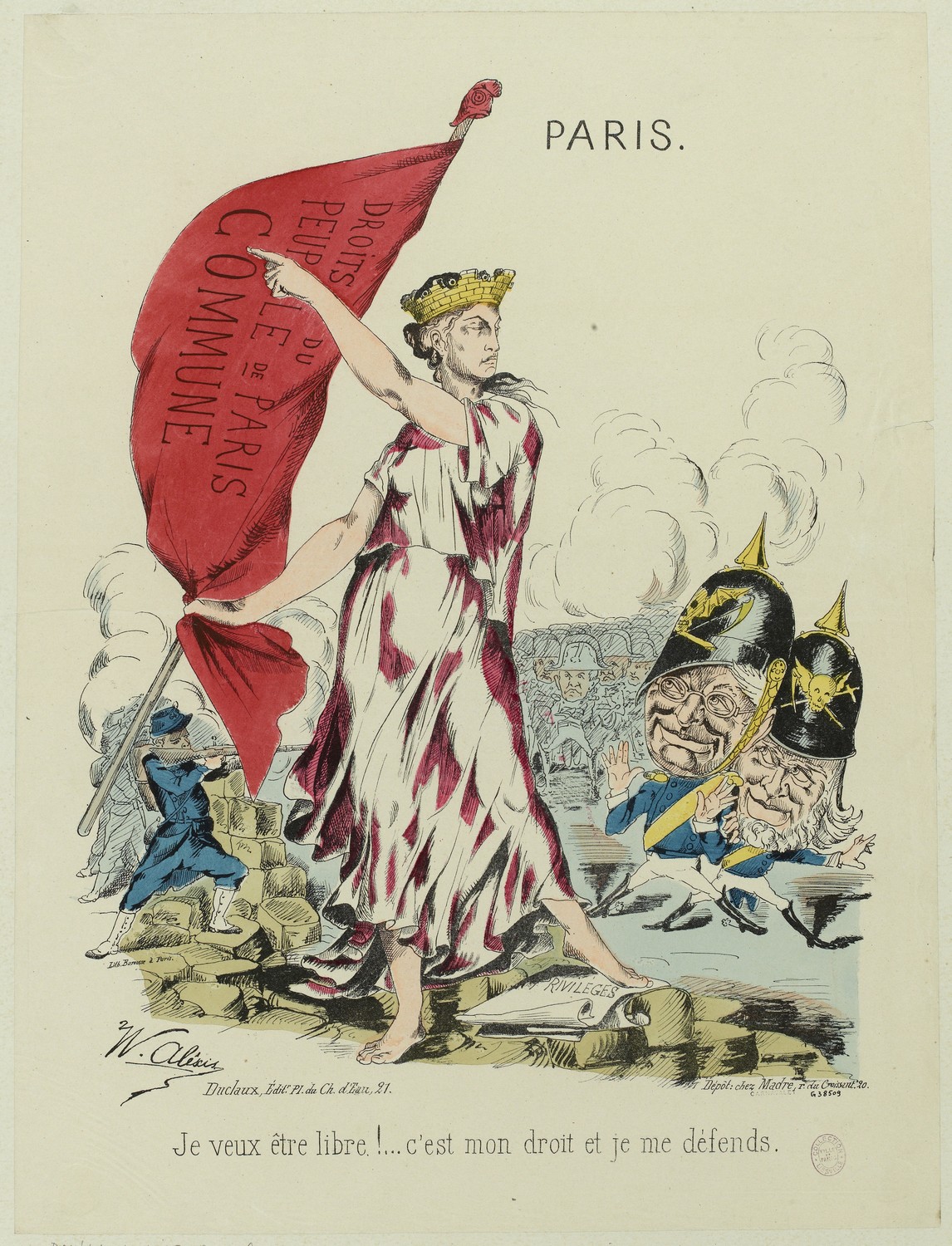 Droits du Peuple de Paris Commune / Je veux être libre !... c’est mon droit et je me défends - Estampe en couleur de Alexis W. (© Source Musée Carnavalet - Histoire de Paris) Droits du Peuple de Paris Commune / Je veux être libre !... c’est mon droit et je me défends - Estampe en couleur de Alexis W. (© Source Musée Carnavalet - Histoire de Paris)