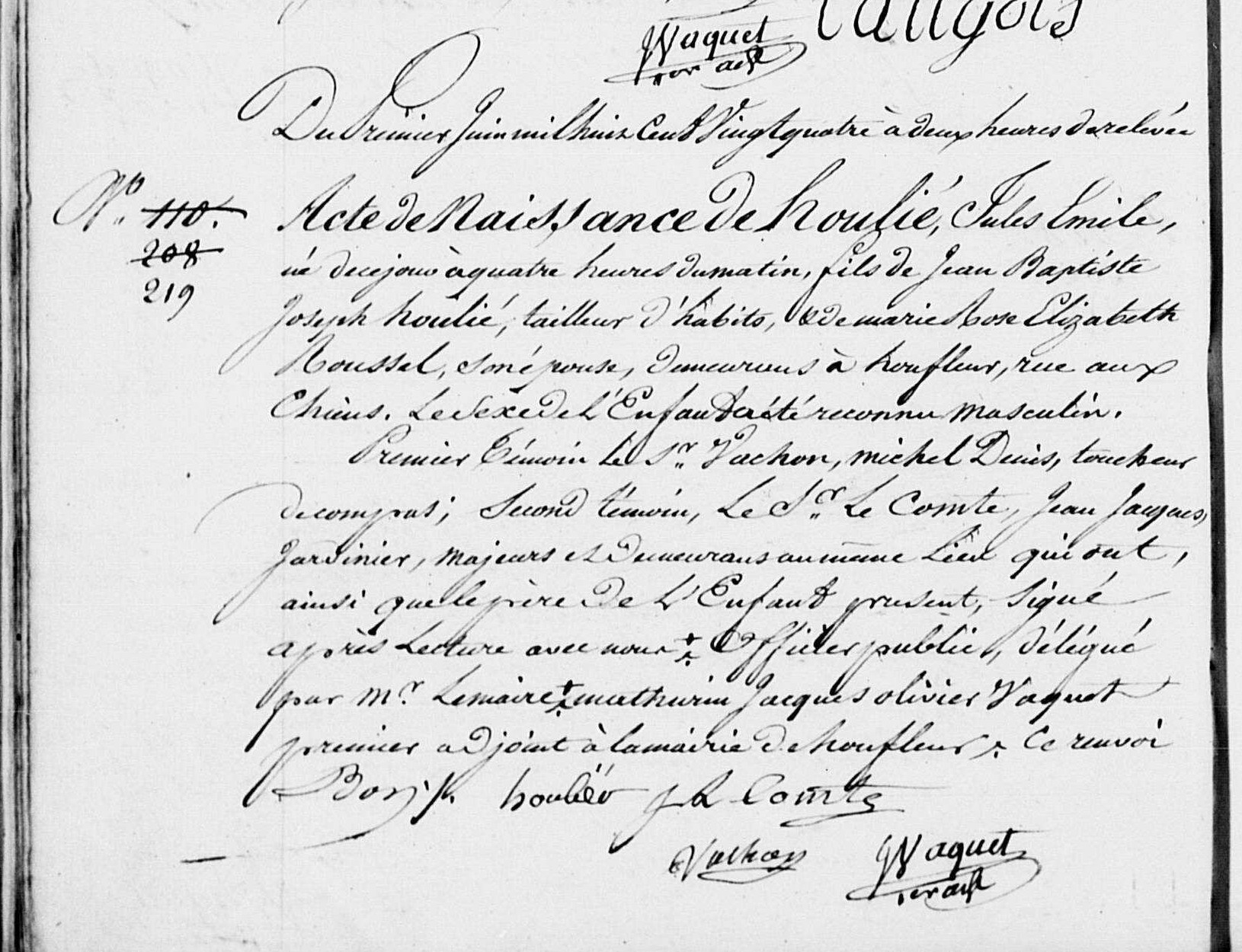 Acte de naissance de Jules Émile Houlié