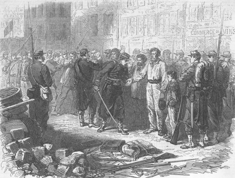 Pendant la Semaine sanglante : des soldats de l'armée régulière victorieuse vérifient les mains de suspects (dans la foule, un enfant). Si les mains sont noires de poudre, il s'agit d'insurgés ayant participé aux combats sur les barricades. Ils seront exécutés sommairement ou transférés dans les camps de Versailles ou Satory en attente de jugement par les cours martiales. (Source : Illustrated London News du 17 juin 1871) Pendant la Semaine sanglante : des soldats de l'armée régulière victorieuse vérifient les mains de suspects (dans la foule, un enfant). Si les mains sont noires de poudre, il s'agit d'insurgés ayant participé aux combats sur les barricades. Ils seront exécutés sommairement ou transférés dans les camps de Versailles ou Satory en attente de jugement par les cours martiales. (Source : Illustrated London News du 17 juin 1871)